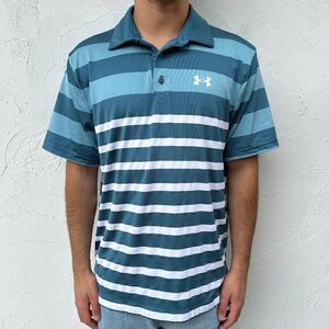 Men's Blue & White Striped Under Armour Short Sleeve Golf Polo Shirt Size Large